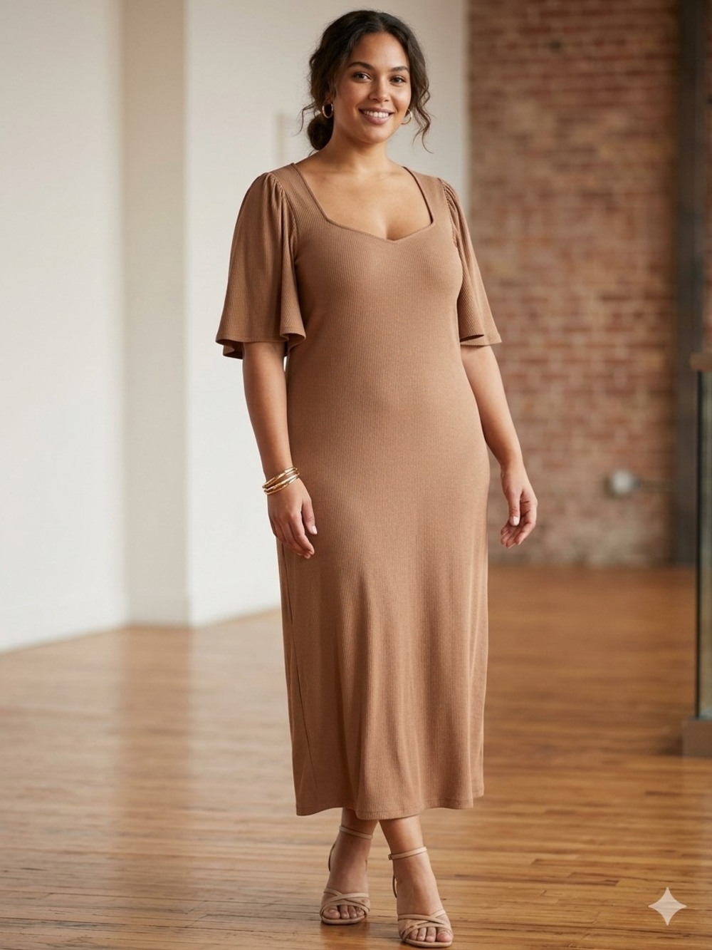 GAP Camel Brown Midi Dress with Square Neck and Flutter Sleeves